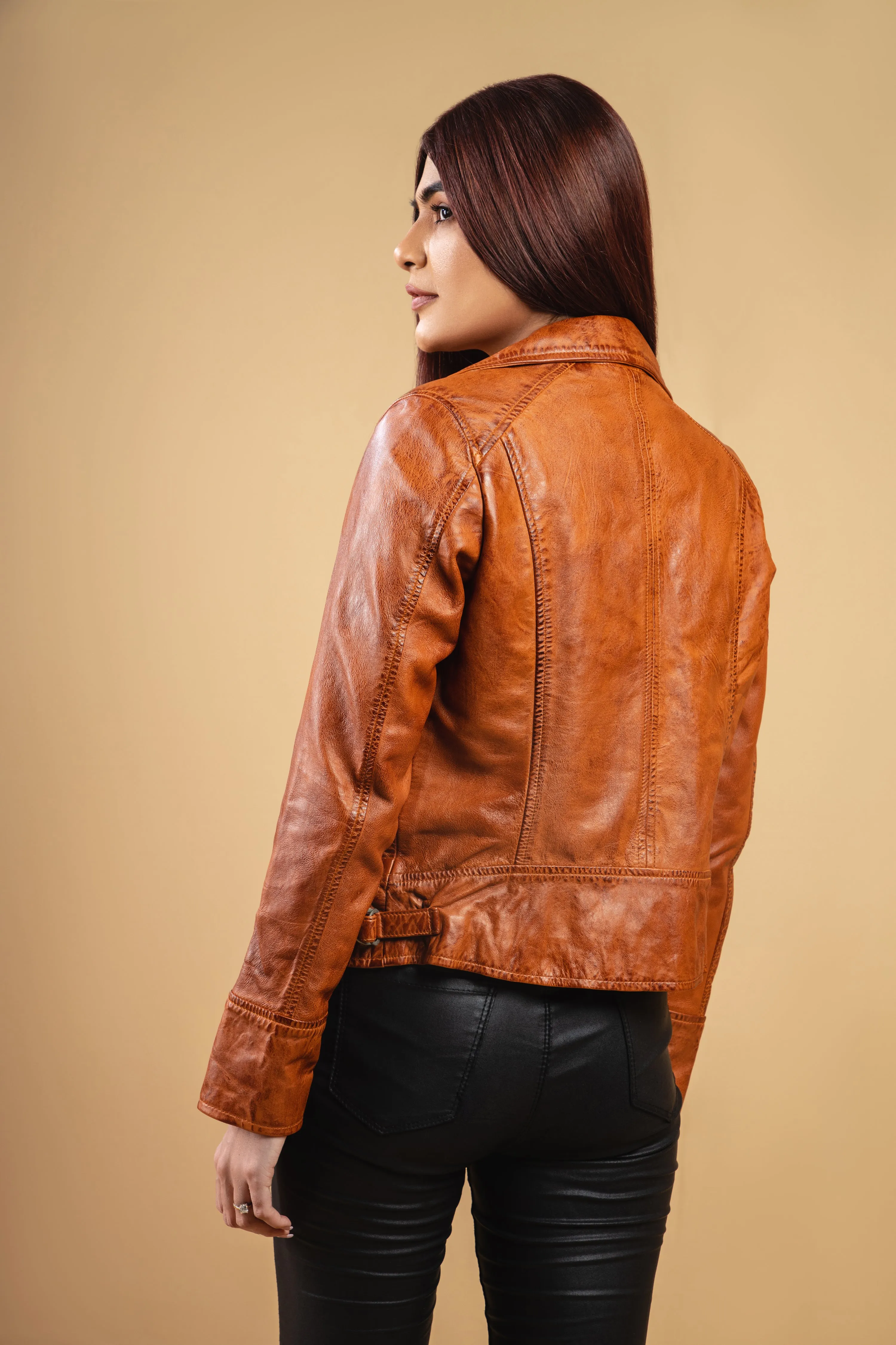 Woman Real Leather Biker Leather Jacket Tan Brown Waxed Soft Lambskin