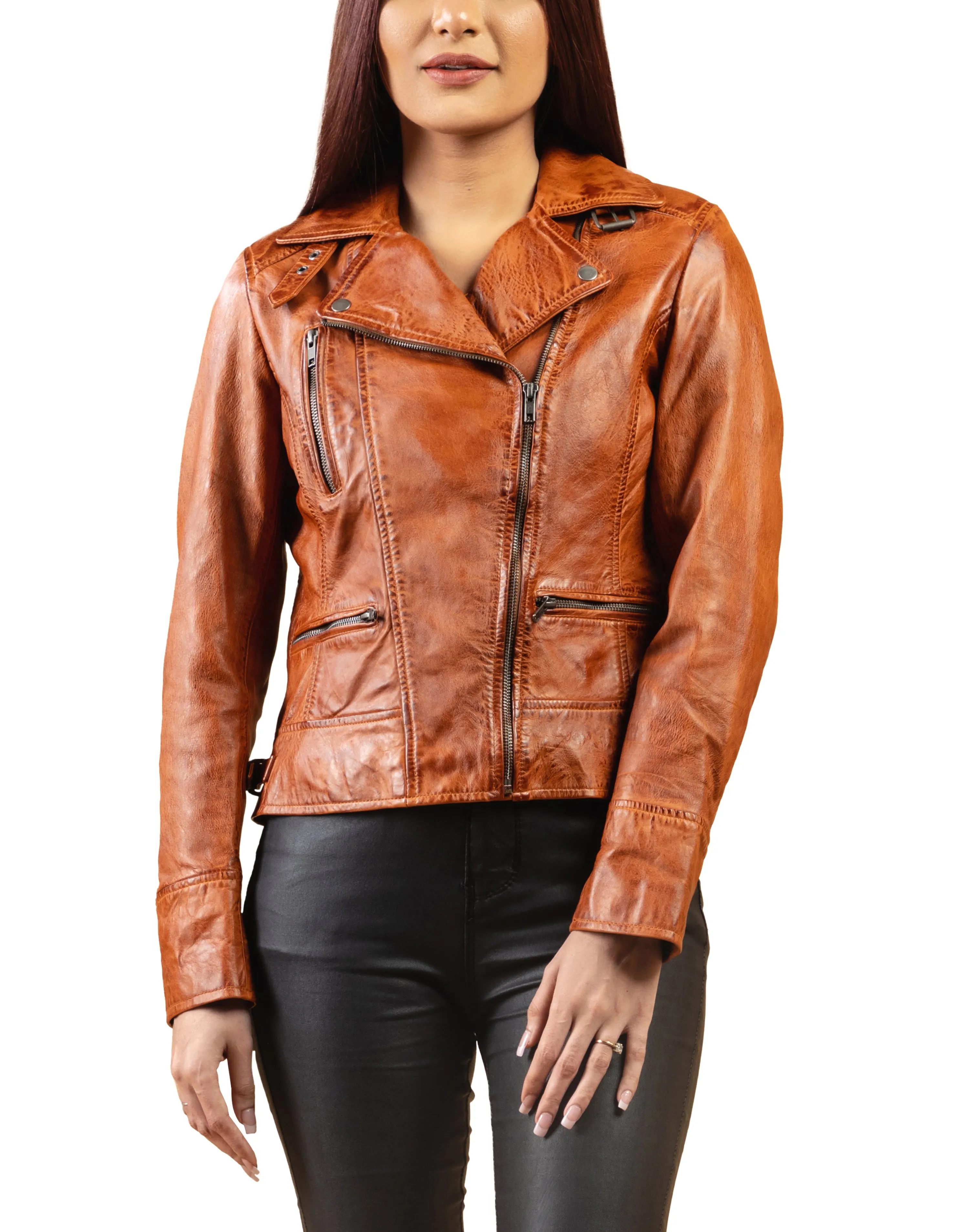 Woman Real Leather Biker Leather Jacket Tan Brown Waxed Soft Lambskin
