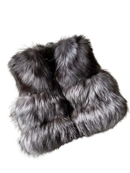 Women vest silver fox fur and leather