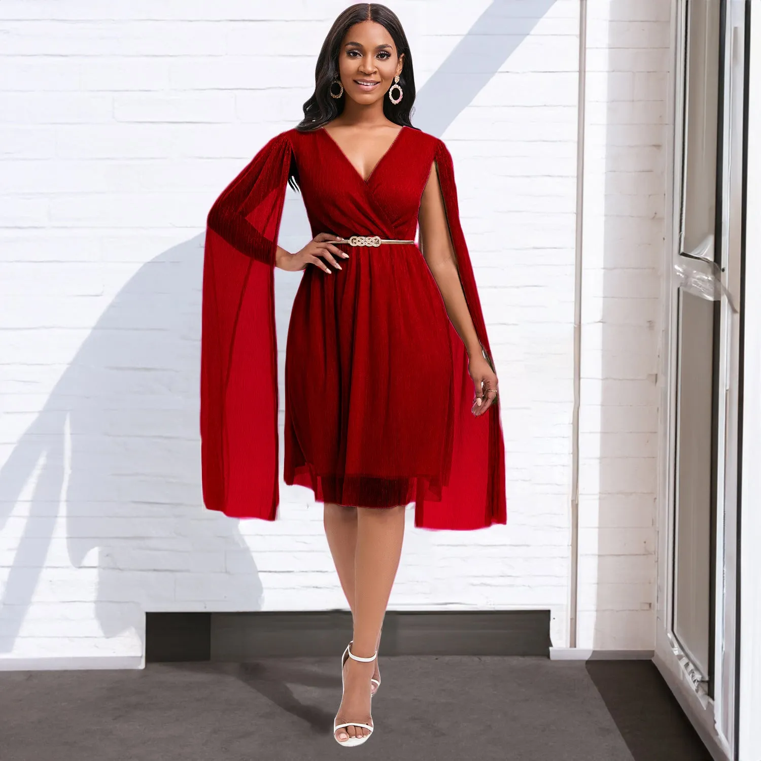 Women's Elegant V-Neck Cape Dress