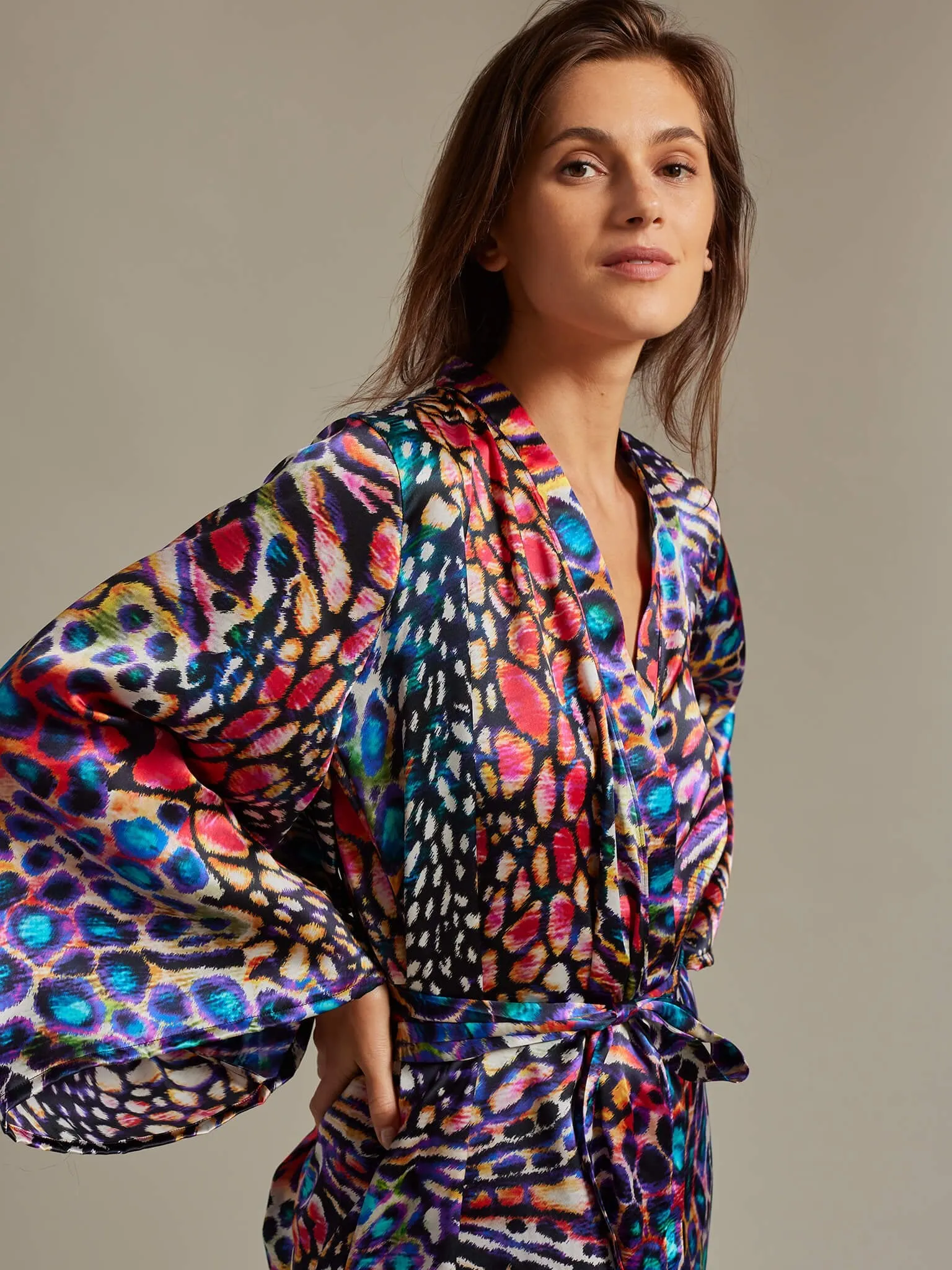 Women's Short Kimono Wrap in Rainbow Leopard