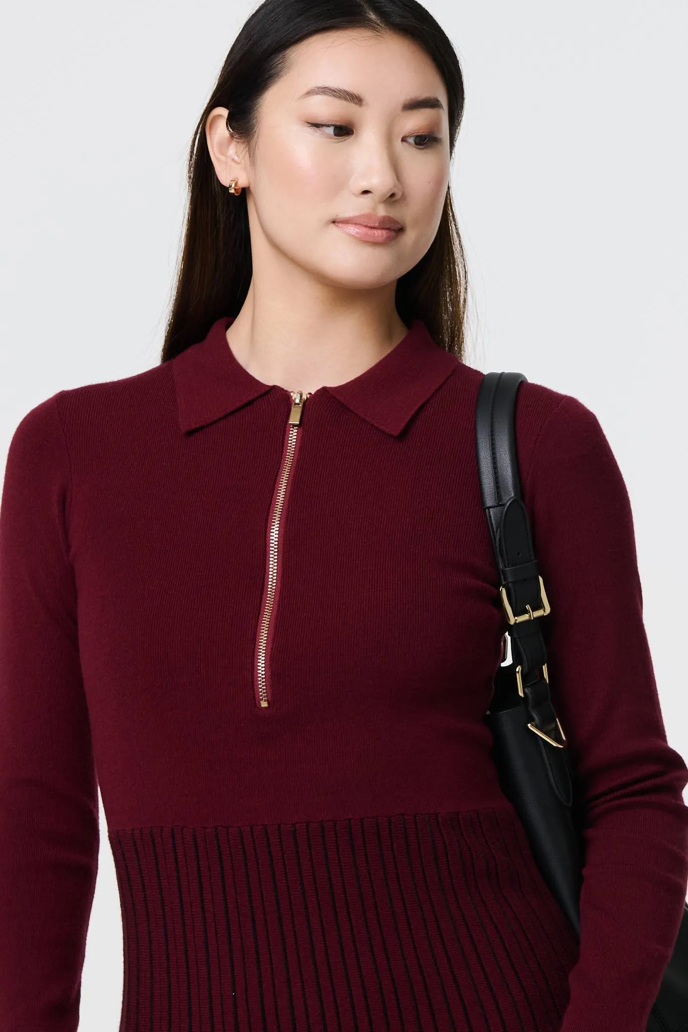 Zip Collar Pleated Knit Dress