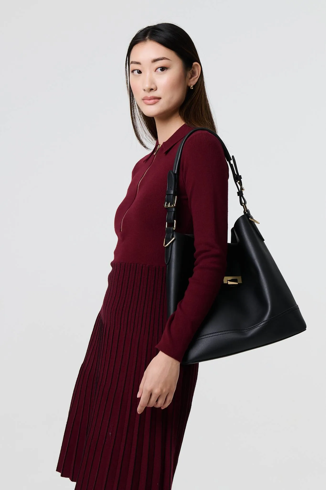 Zip Collar Pleated Knit Dress